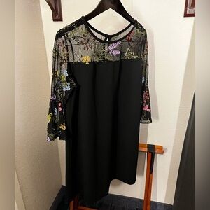 AGB Dress Womens 16 Black Mesh Lace Embroidered 3/4 Bell Sleeve Stretch A Line